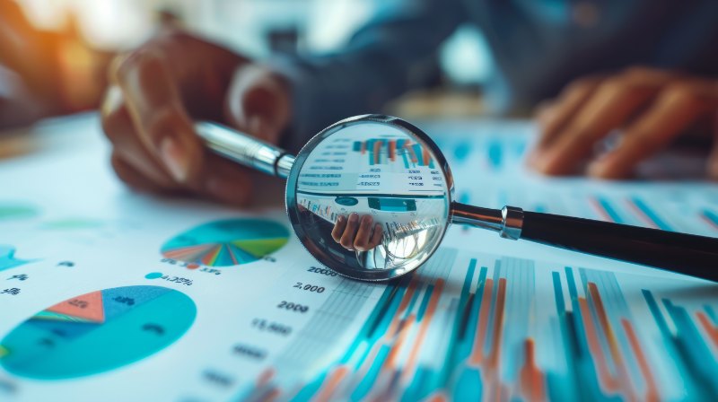 Magnifying glass placed over financial documents and charts